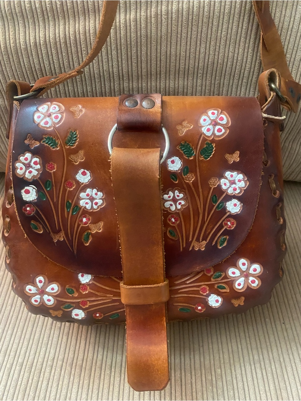Handcrafted Brown Leather Floral Crossbody Bag
